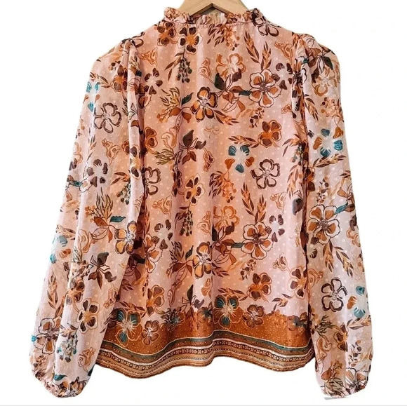 Joie Peach Floral Bohemian Peasant Chiffon Swiss Dot  Ruffle Top Tie Blouse XS. - Picture 11 of 16